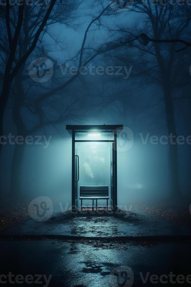 lonely rural bus stop in the morning mist. photo