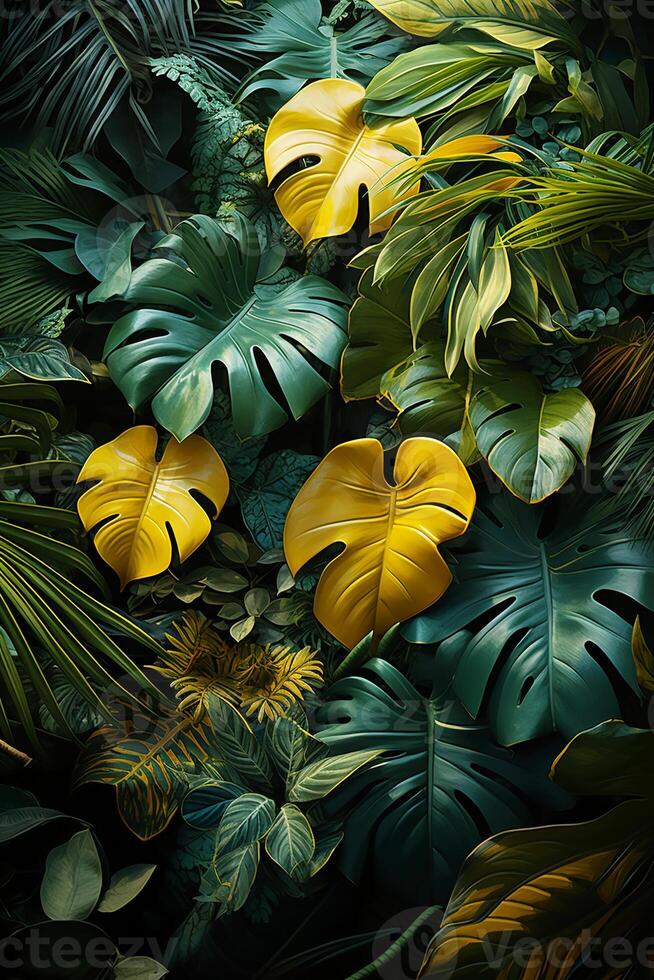 A vibrant tapestry of abstract shapes and patterns intertwines with lush green foliage, bathed in shimmering sunlight. photo
