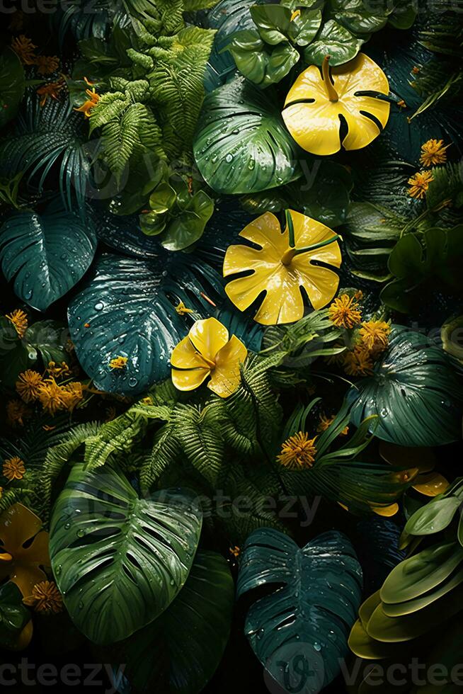 A vibrant tapestry of abstract shapes and patterns intertwines with lush green foliage, bathed in shimmering sunlight. AI generative photo