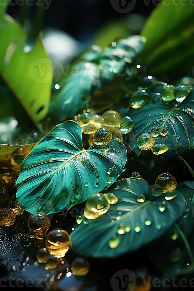 A vibrant tapestry of abstract shapes and patterns intertwines with lush green foliage, bathed in shimmering sunlight. photo
