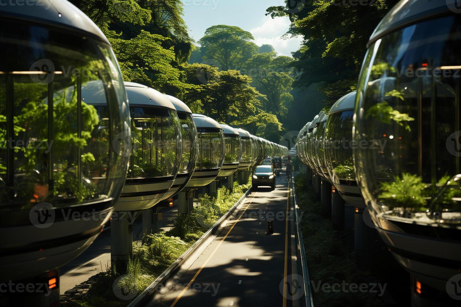 Imagine a futuristic highway bustling with autonomous vehicles of all shapes and sizes. photo