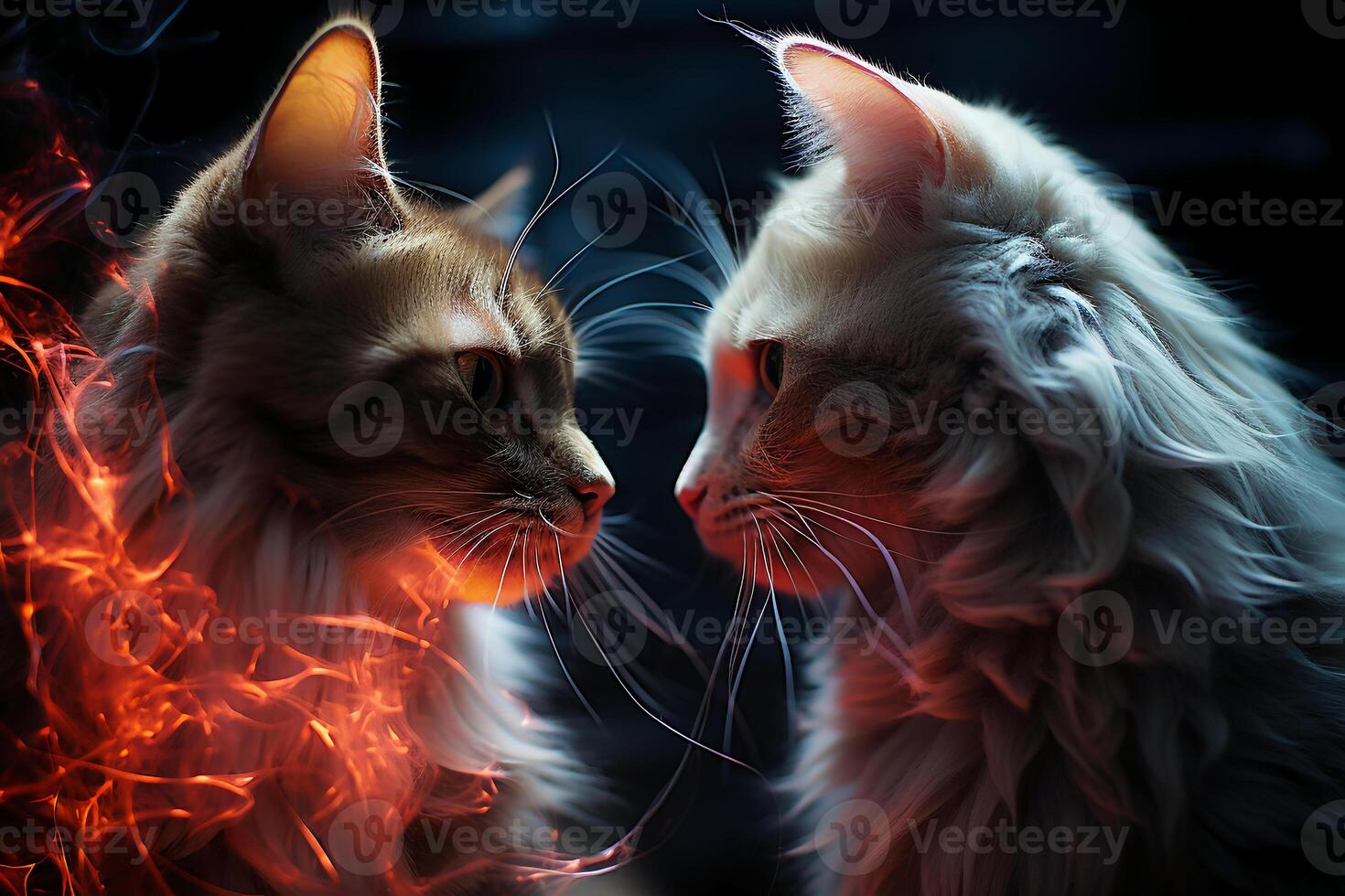 Two cats see each other against a dark background. photo