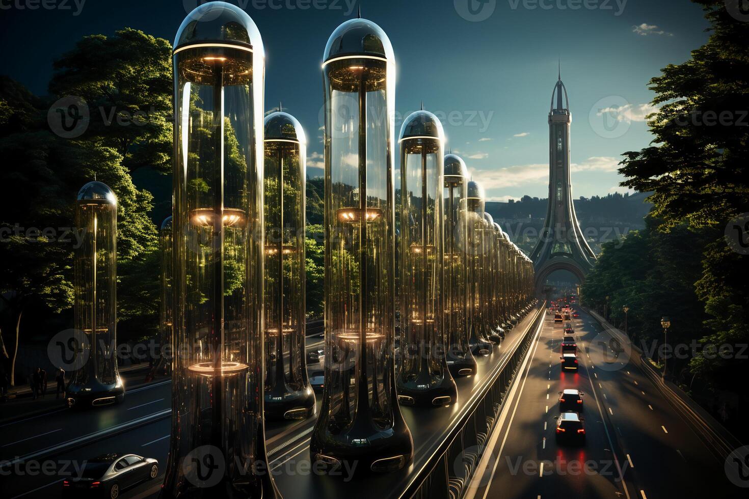 Imagine a futuristic highway bustling with autonomous vehicles of all shapes and sizes. AI generative photo