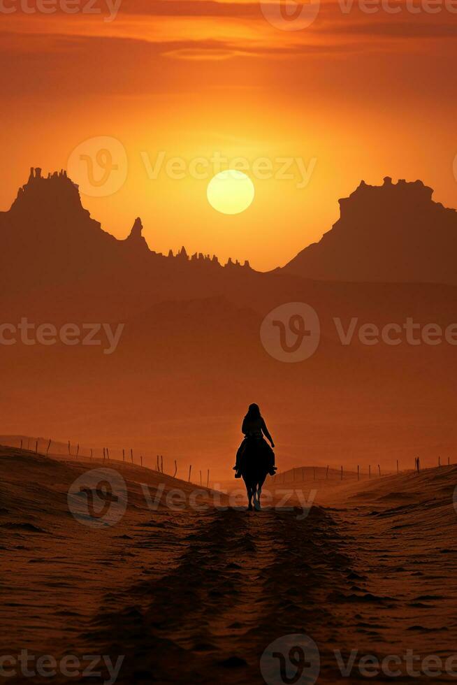 A person rides a horse in silhouette at sunset. AI generative photo