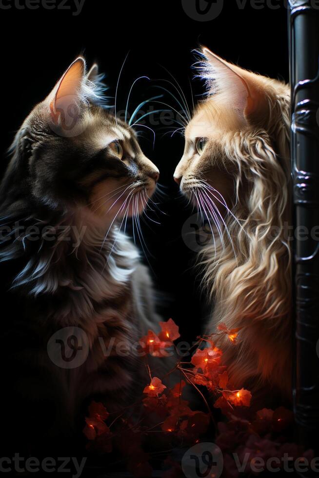 Two cats see each other against a dark background. photo