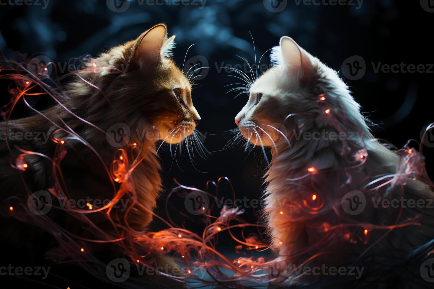 Two cats see each other against a dark background. photo