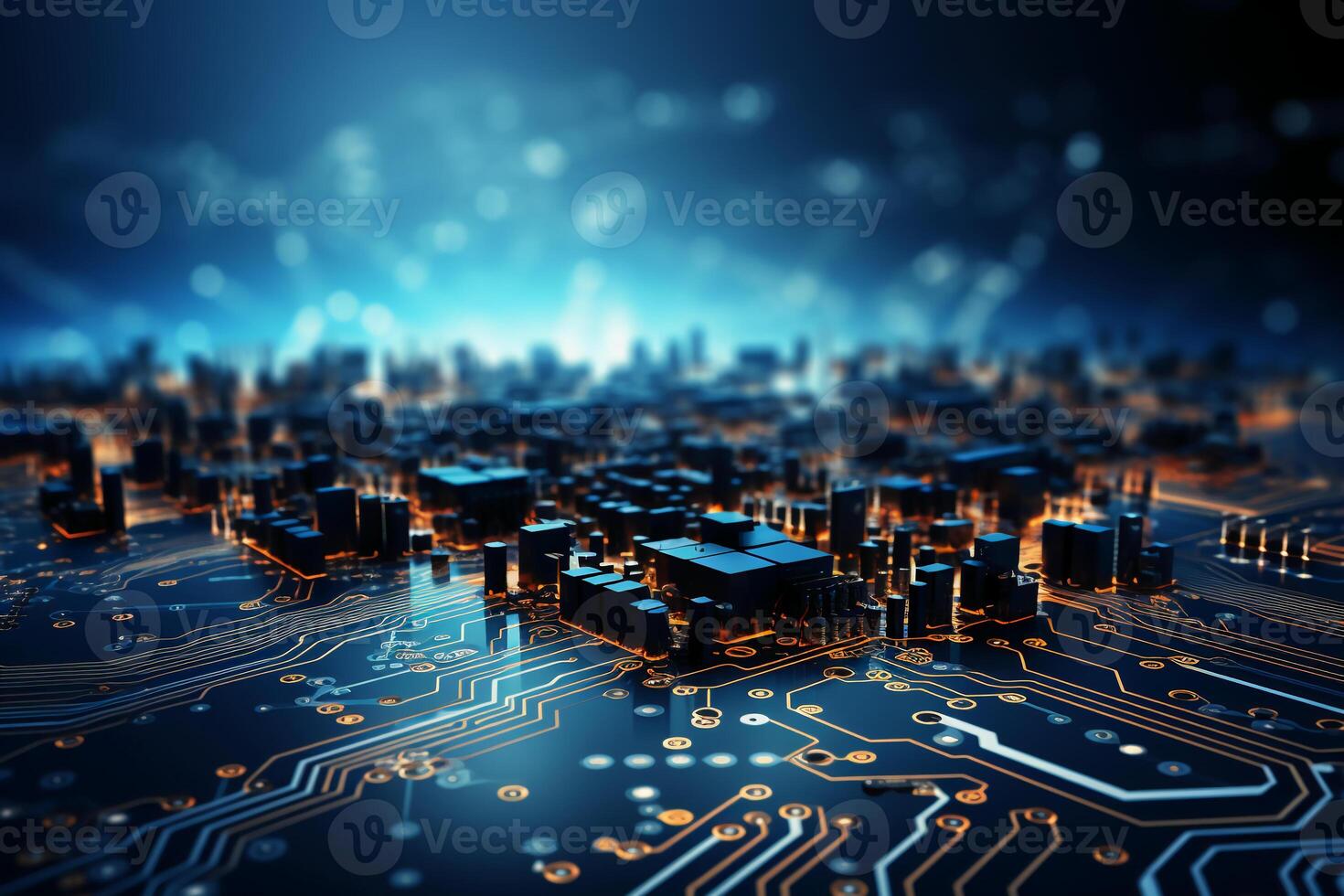 Mechanism, computer circuits, light blue background. photo