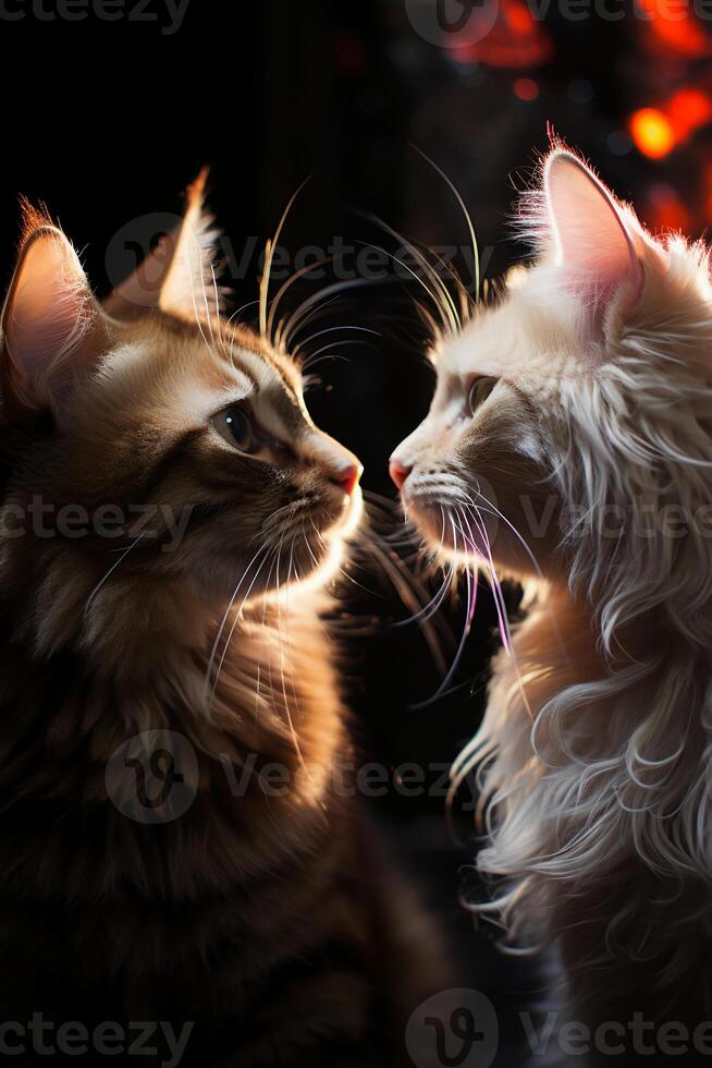 Two cats see each other against a dark background. photo