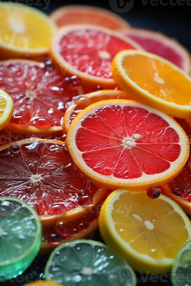 up to a bunch of colored glowing neon citrus slices are shown on a background. photo