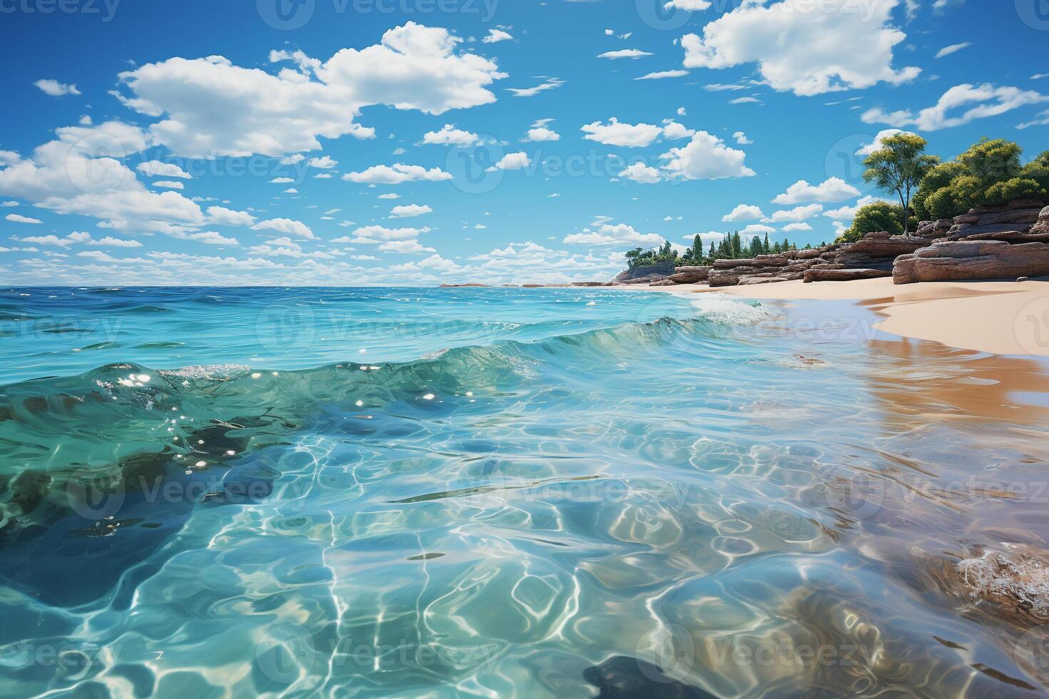 green ocean with gentle waves, sandy seashore, fluffy white clouds in bright blue sky. photo