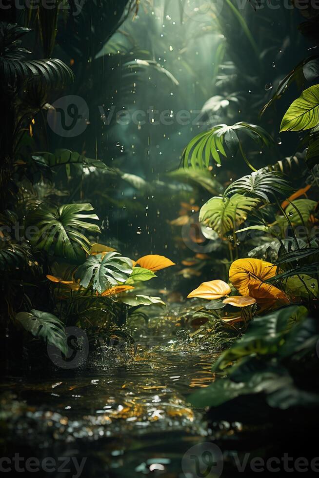 A vibrant tapestry of abstract shapes and patterns intertwines with lush green foliage, bathed in shimmering sunlight. photo