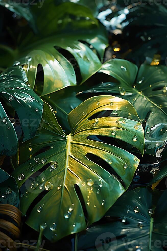 A vibrant tapestry of abstract shapes and patterns intertwines with lush green foliage, bathed in shimmering sunlight. photo