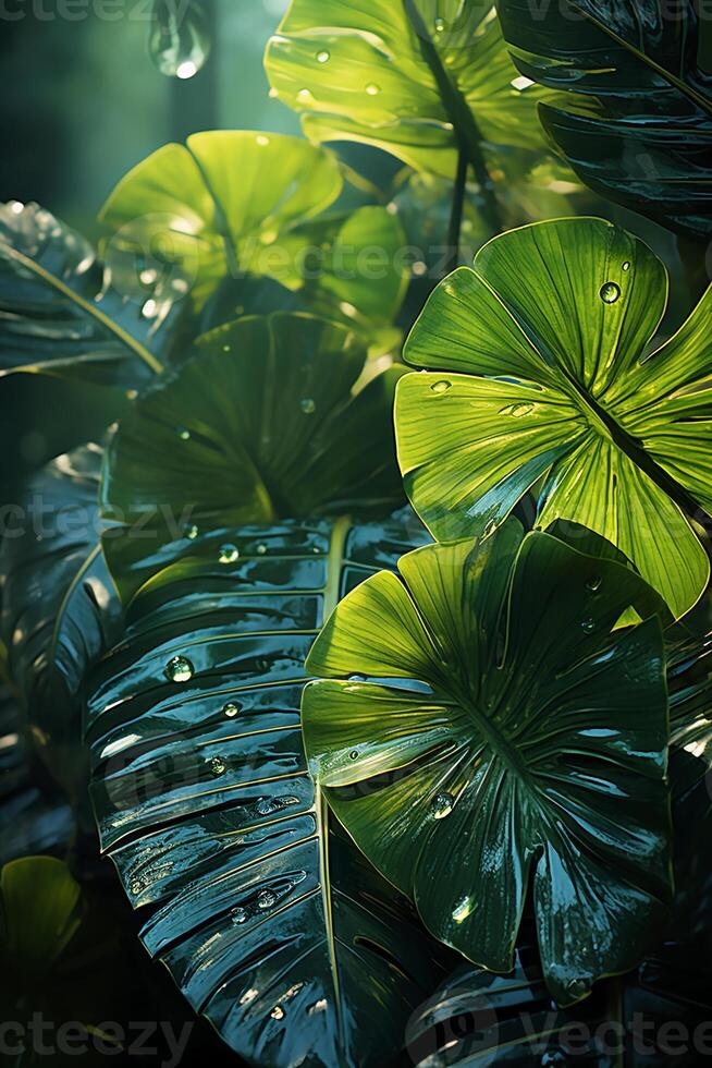 A vibrant tapestry of abstract shapes and patterns intertwines with lush green foliage, bathed in shimmering sunlight. photo