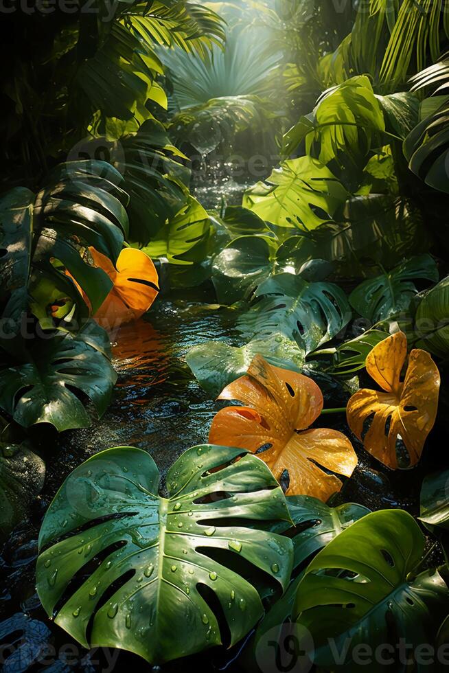 A vibrant tapestry of abstract shapes and patterns intertwines with lush green foliage, bathed in shimmering sunlight. photo