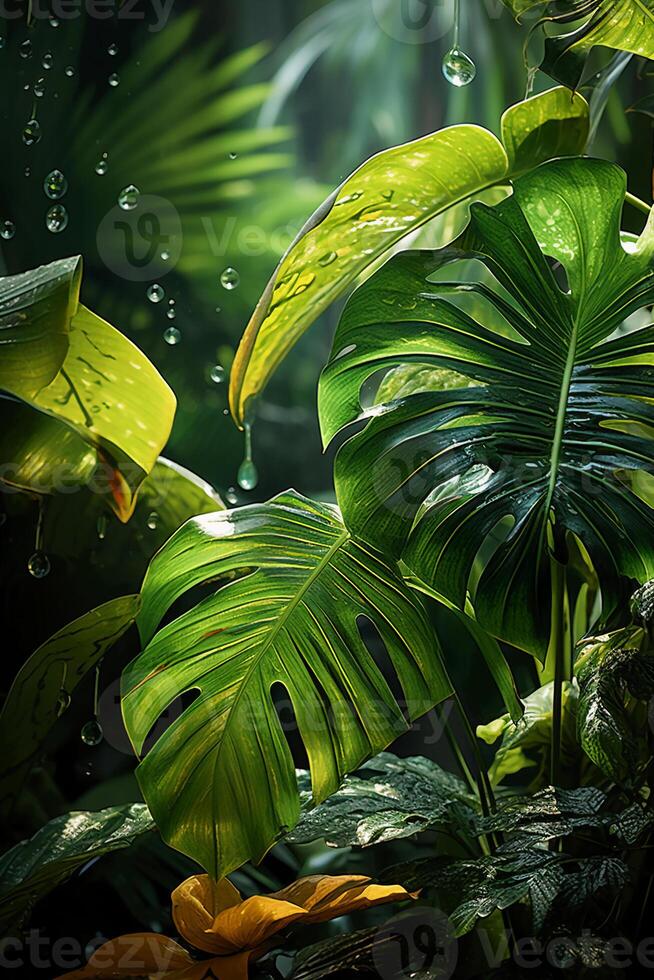 A vibrant tapestry of abstract shapes and patterns intertwines with lush green foliage, bathed in shimmering sunlight. photo