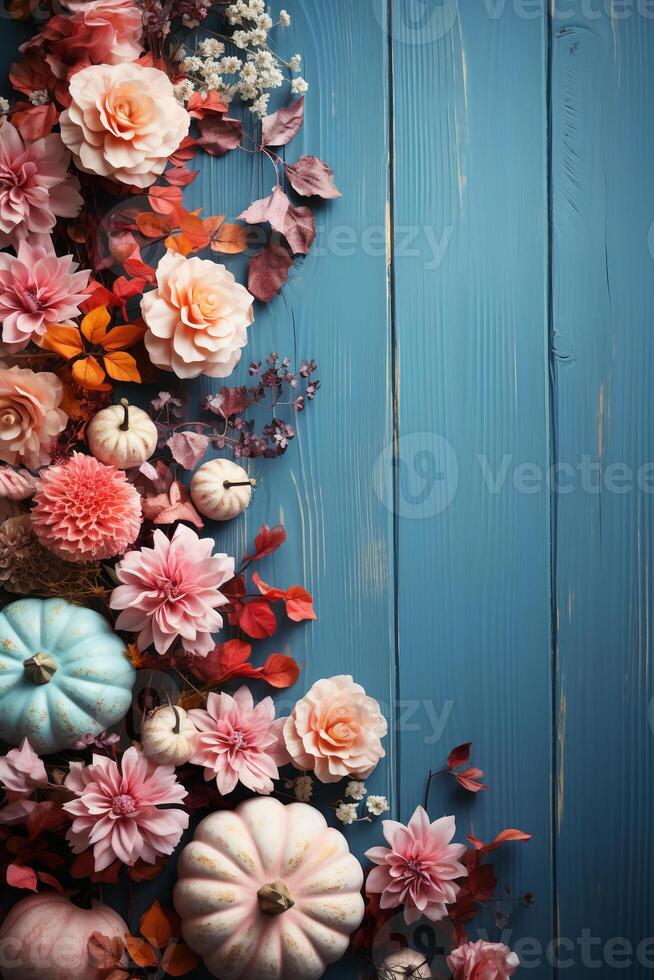 Shabby wood, pumpkins, background image, flat lay, barbiecore, pink and pastel blue palette. AI generative photo