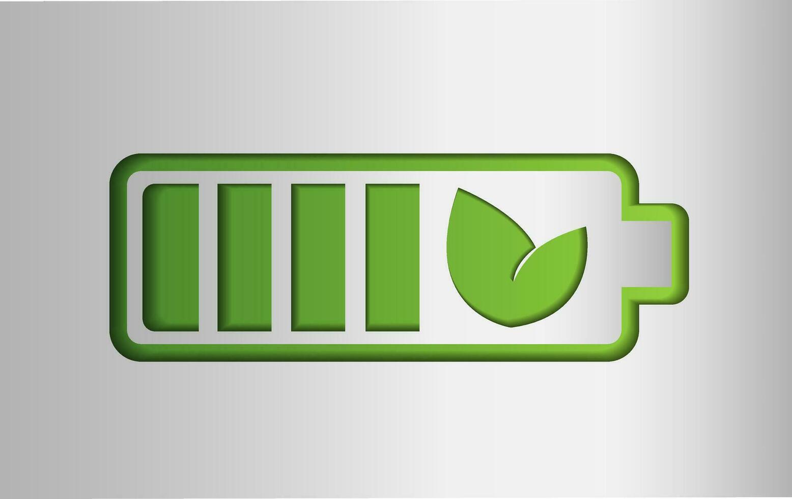 Battery, rechargeable, logo with green leaf, clean green energy symbol, charger, vector illustration on silver background in paper cut style