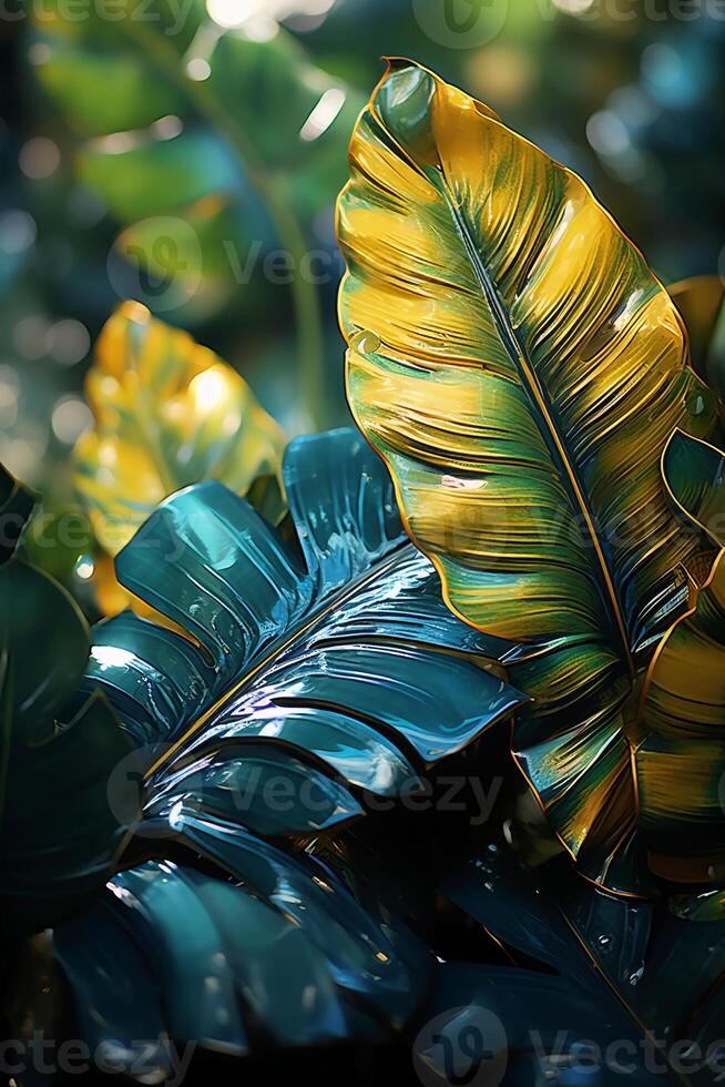 A vibrant tapestry of abstract shapes and patterns intertwines with lush green foliage, bathed in shimmering sunlight. photo