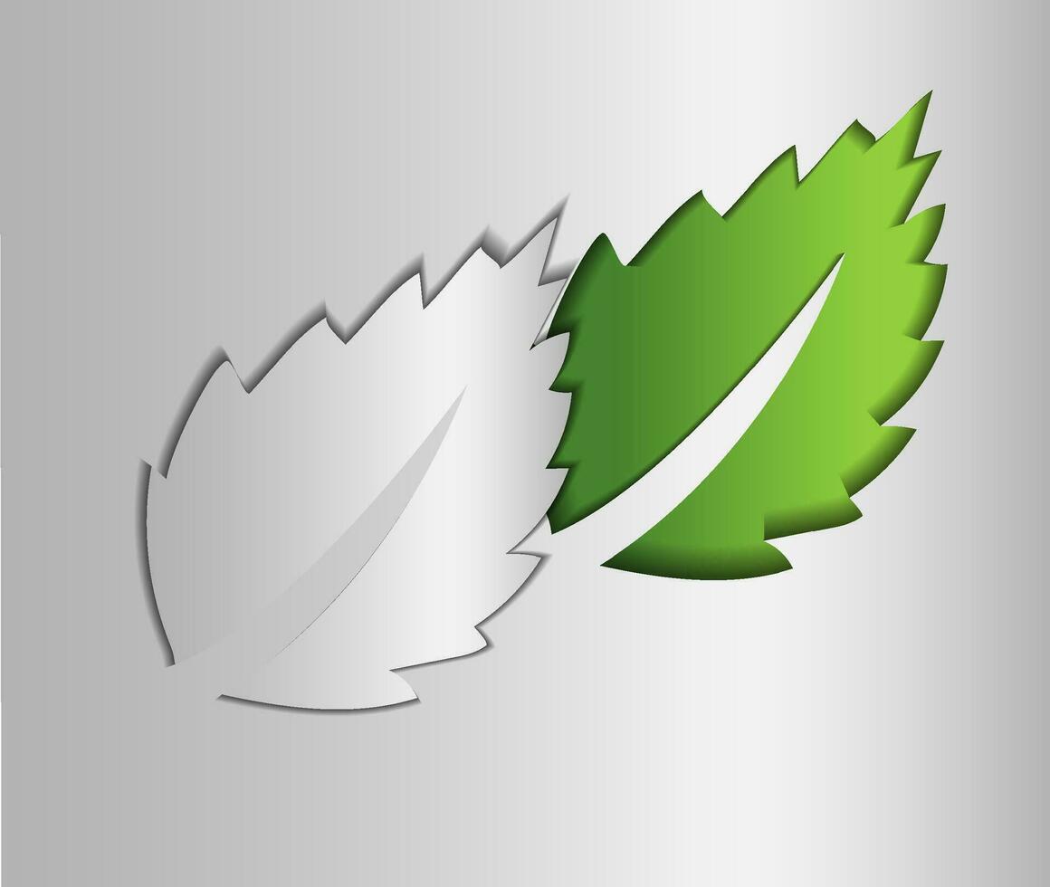 eco simpático verde logo en un plata antecedentes con verde hojas en papel cortar estilo. el concepto de verde ecología, limpiar ecología, ambiental amabilidad de productos, eco simpático vector