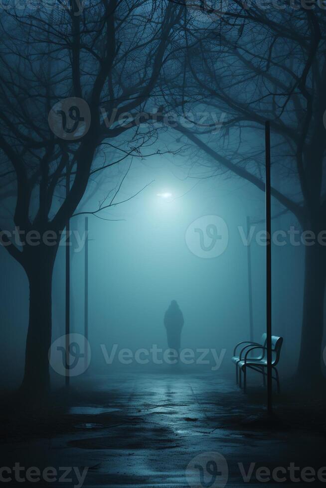 lonely rural bus stop in the morning mist. photo