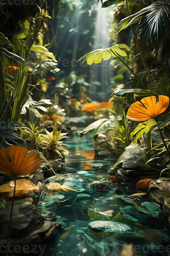 A vibrant tapestry of abstract shapes and patterns intertwines with lush green foliage, bathed in shimmering sunlight. photo