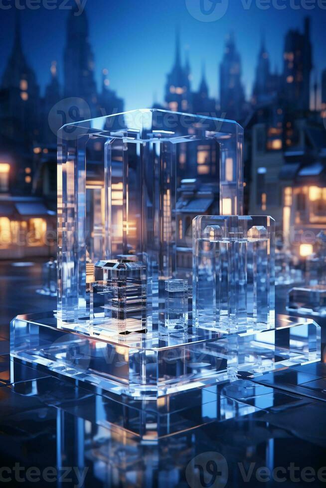 3D city, blue, frosted glass, transparent technology sense. AI generative photo