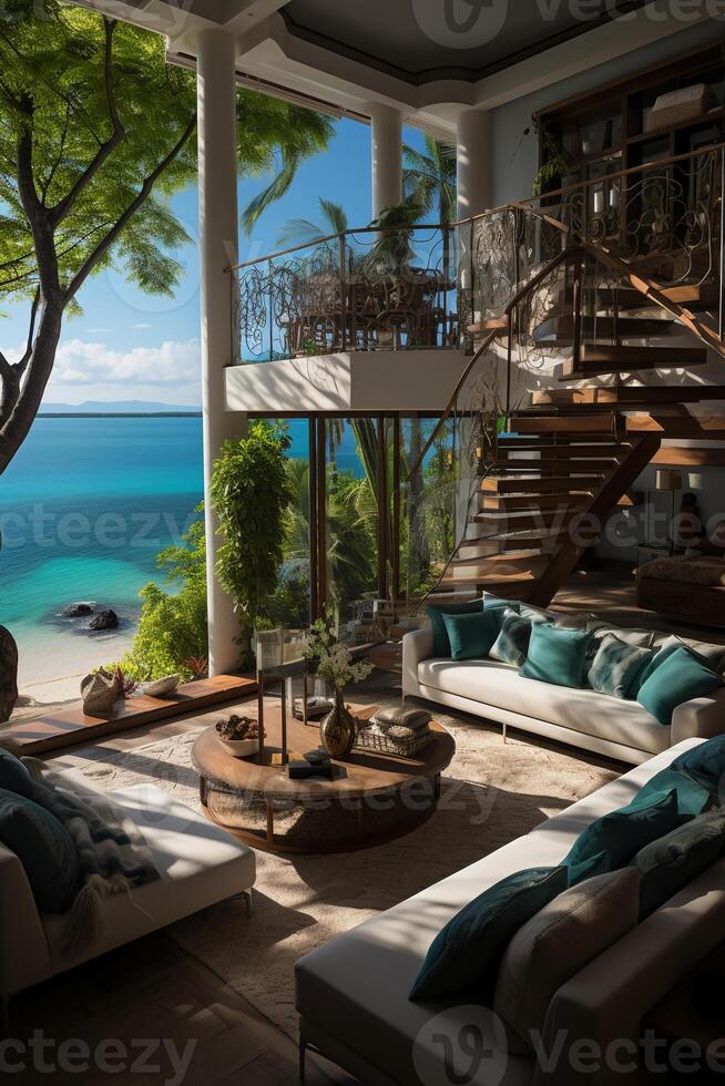 An opulent penthouse suite overlooking the white sandy beaches and turquoise waters of an exclusive tropical island resort. photo