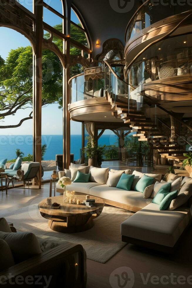 An opulent penthouse suite overlooking the white sandy beaches and turquoise waters of an exclusive tropical island resort. AI generative photo