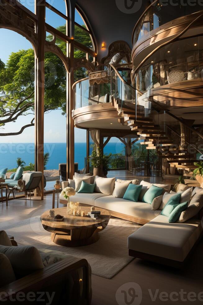 An opulent penthouse suite overlooking the white sandy beaches and turquoise waters of an exclusive tropical island resort. photo