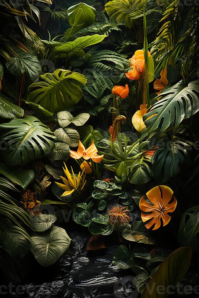 A vibrant tapestry of abstract shapes and patterns intertwines with lush green foliage, bathed in shimmering sunlight. photo