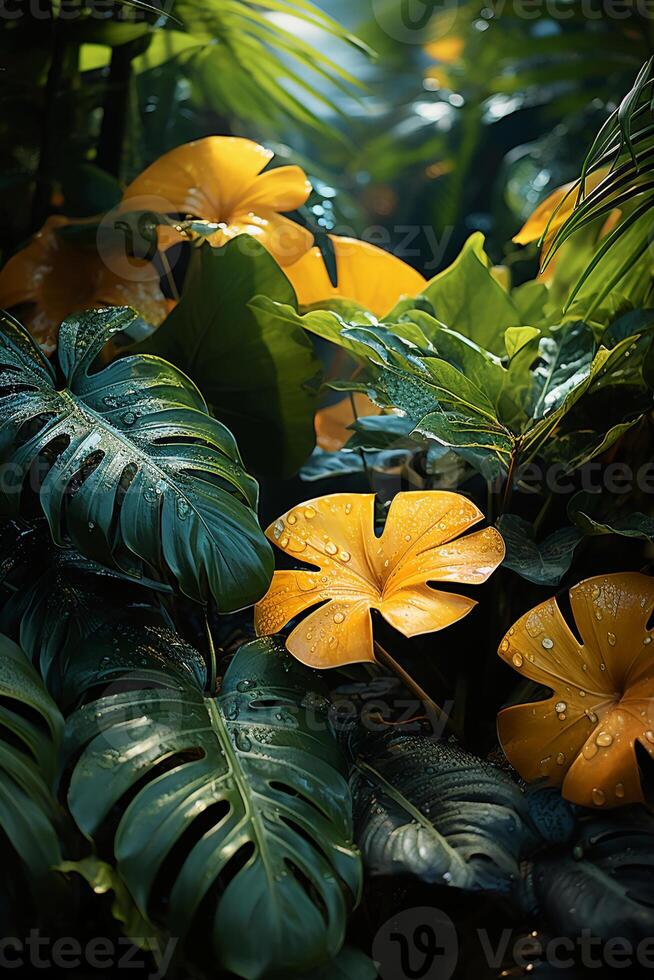 A vibrant tapestry of abstract shapes and patterns intertwines with lush green foliage, bathed in shimmering sunlight. photo