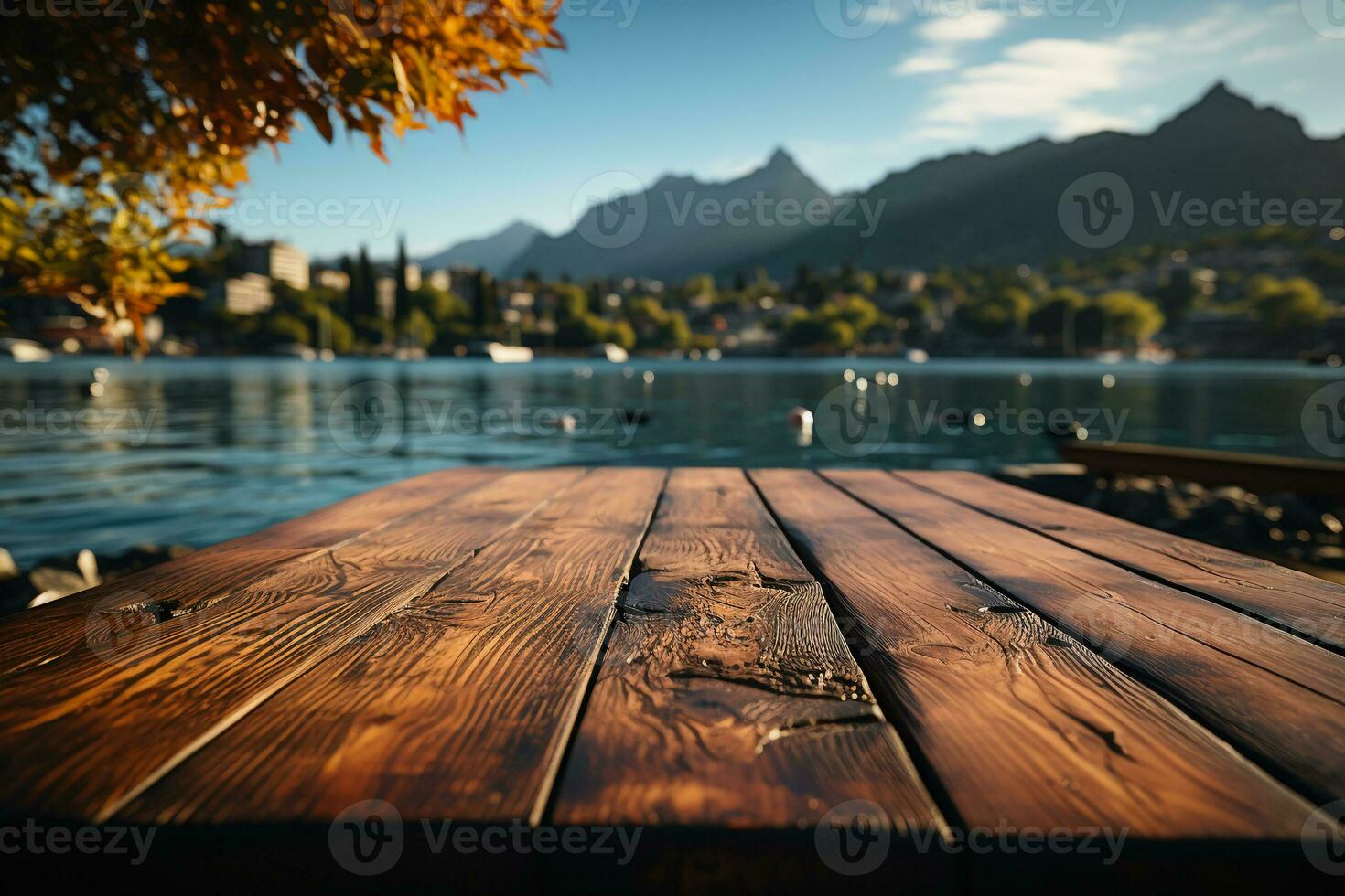 Wood table on close up lake blur on the background. Natural afternoon sunlight. AI generative photo