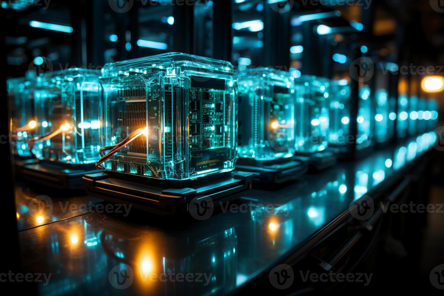Row of network servers with glowing LED lights. photo