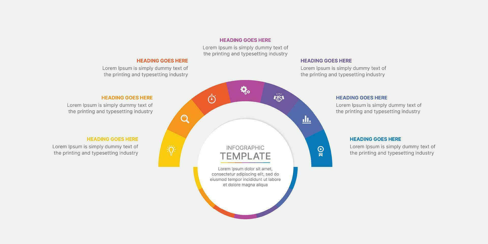 Siete opciones, línea de tiempo, circulo infografía modelo diseño vector