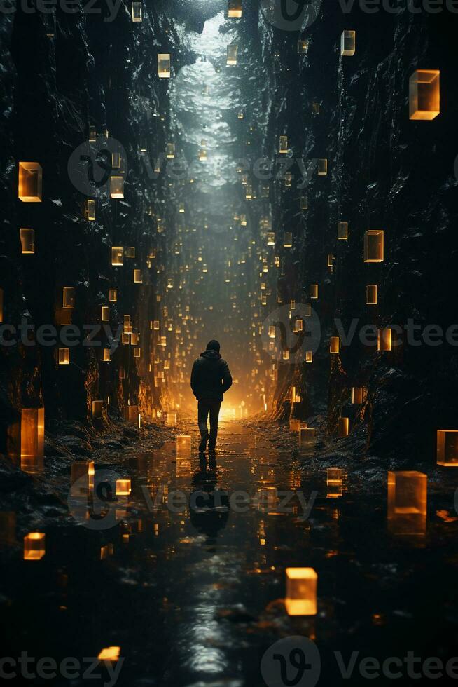 Hidden Dimensions of Reality, String Theory, Quantum Mechanics, Light and Dark. AI generative photo