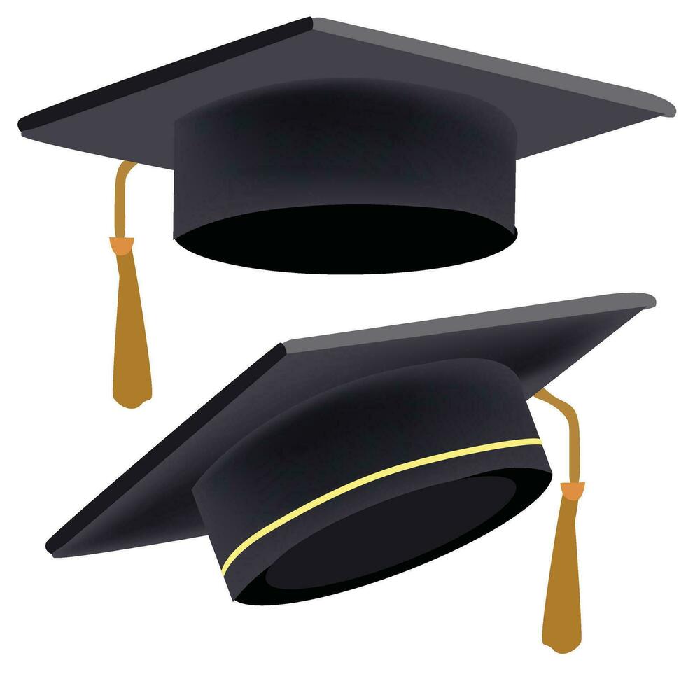 Graduate college, high school or university cap isolated on white background. Vector 3d degree ceremony hat with golden tassel. Black educational student cap icon.