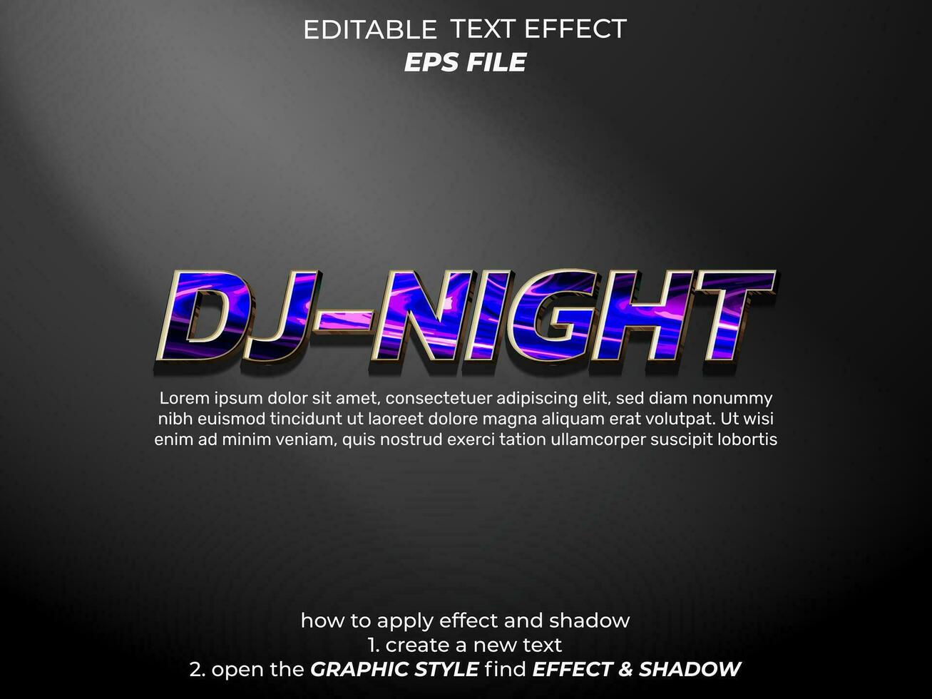DJ noche texto efecto, tipografía, 3d texto. vector modelo