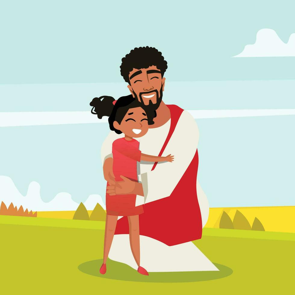 Jesus Hugging a little girl, feeling love and care, in the arms of the savior. vector