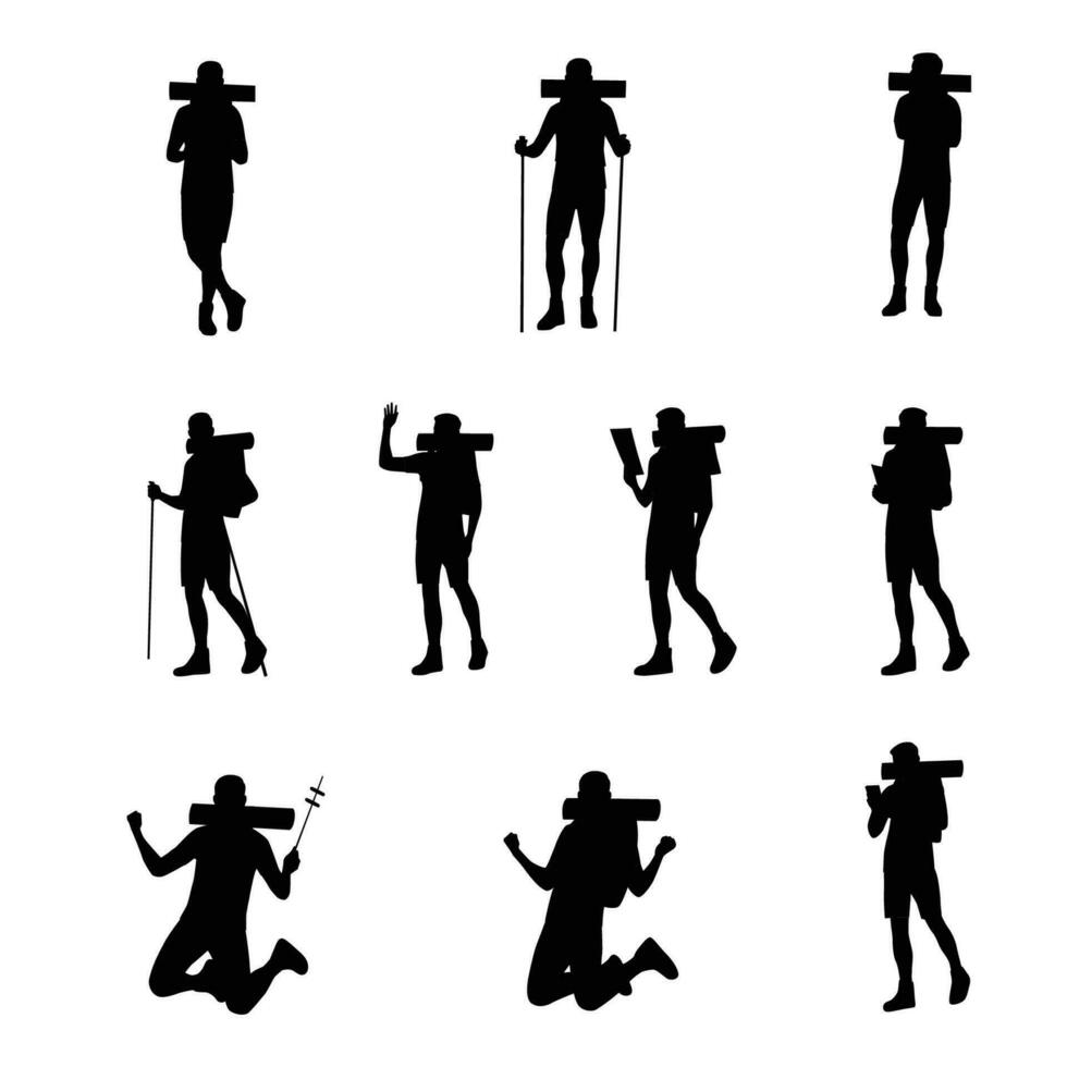 Flat vector of mountaineer climber hiker people, vector silhouette collection