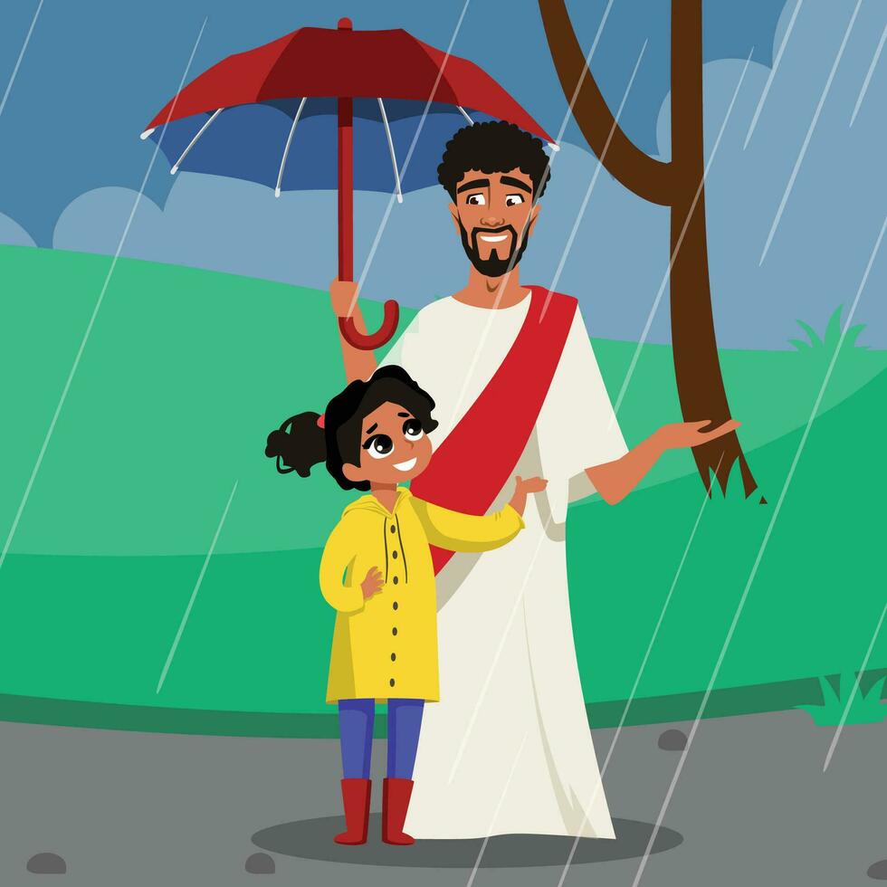 Jesus opens an umbrella for the girl and walking in the rain vector