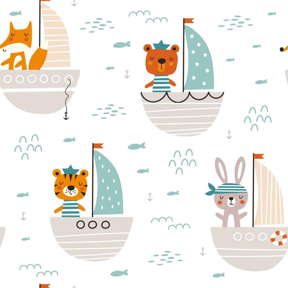 Seamless pattern with  cartoon animals  traveling by ship.  Vector illustration