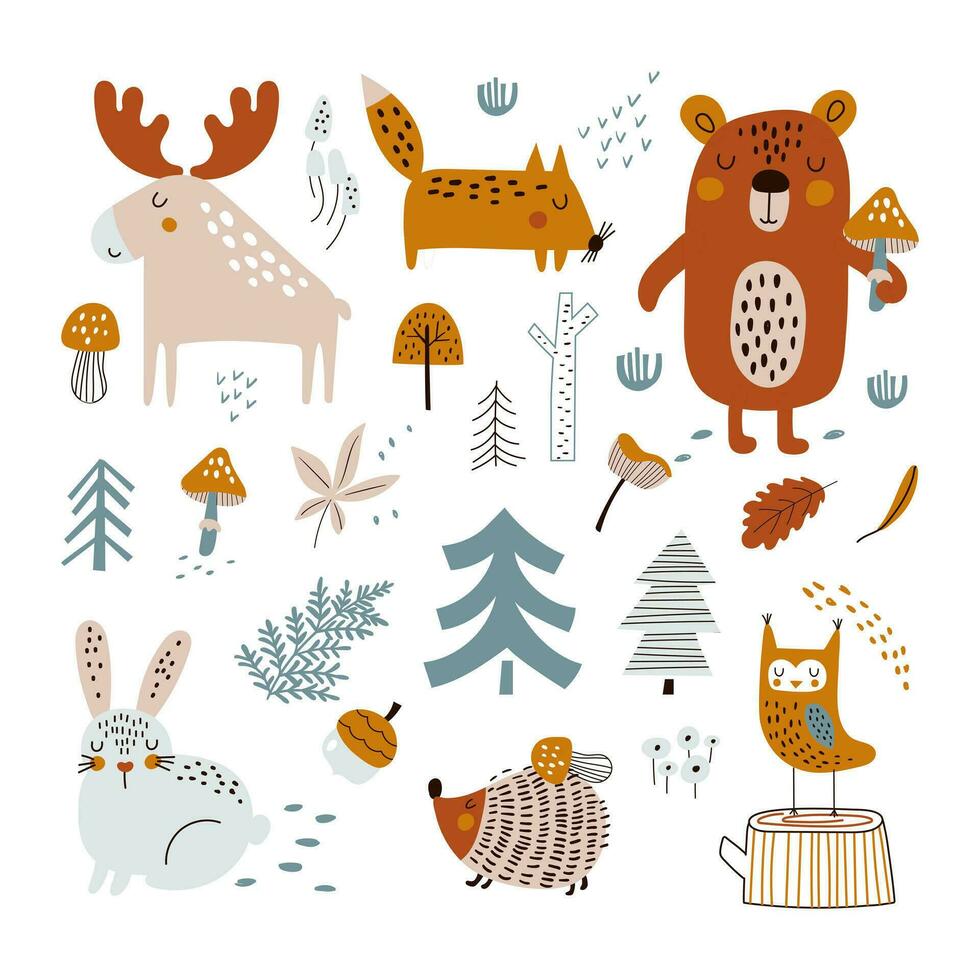 Set  with hand drawn wild forest animals. Vector illustrations