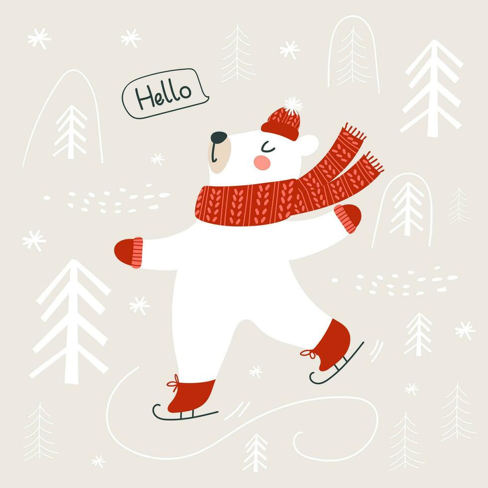 The bear is skating. Winter print. Vector illustrations