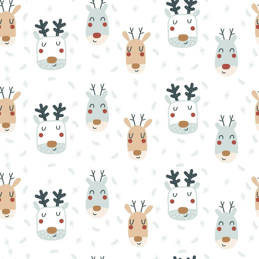 Christmas seamless pattern with cartoon deer face. Vector illustrations.
