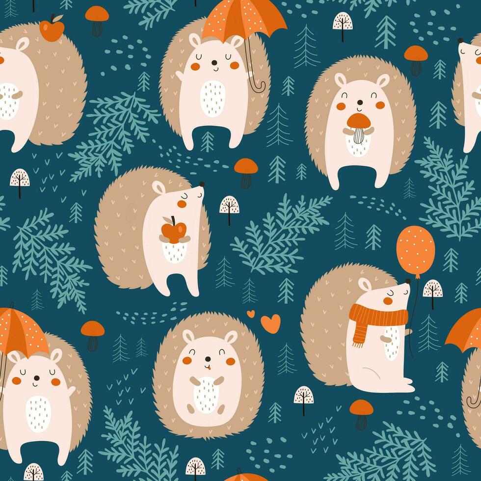 Forest seamless pattern with cute hedgehog. Hand drawn vector illustration.