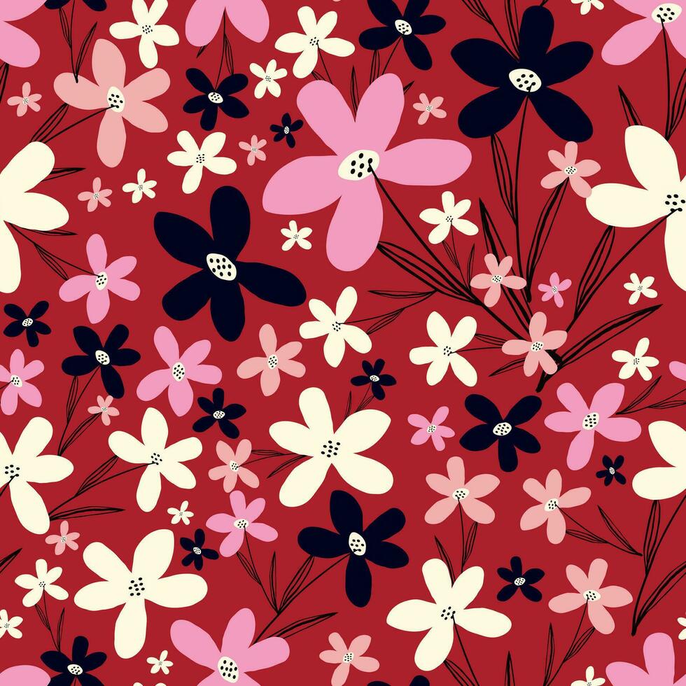 Stylized creative vibrant quirky expressive floral pattern in 60s in bright juicy colors vector