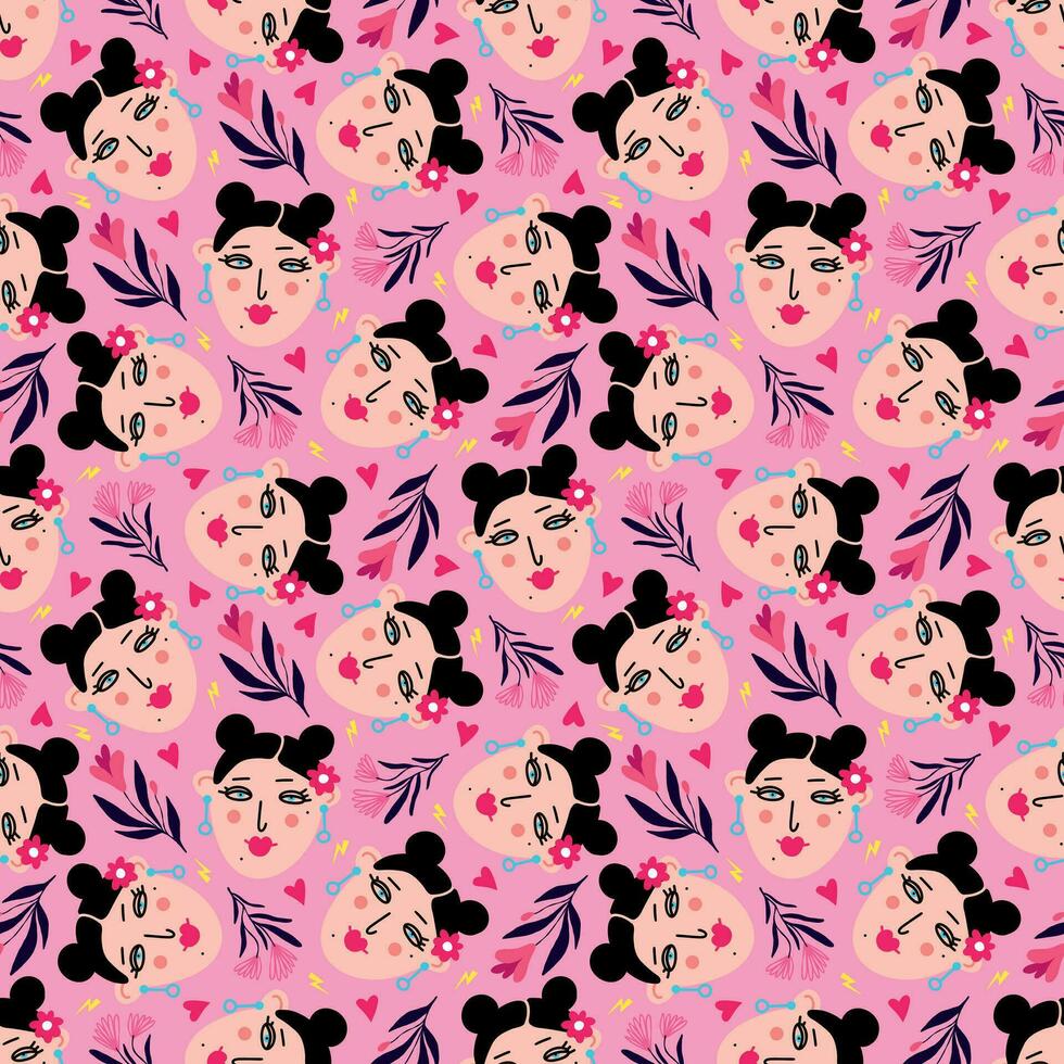 Vibrant pattern with comical brunettes with cute faces and bright colors vector