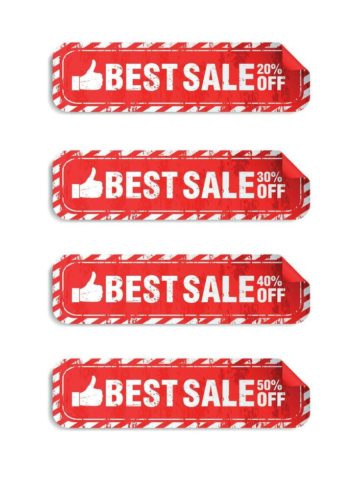 Best sale red stickers set in grunge design style. Sale 20, 30, 40, 50 off discount vector