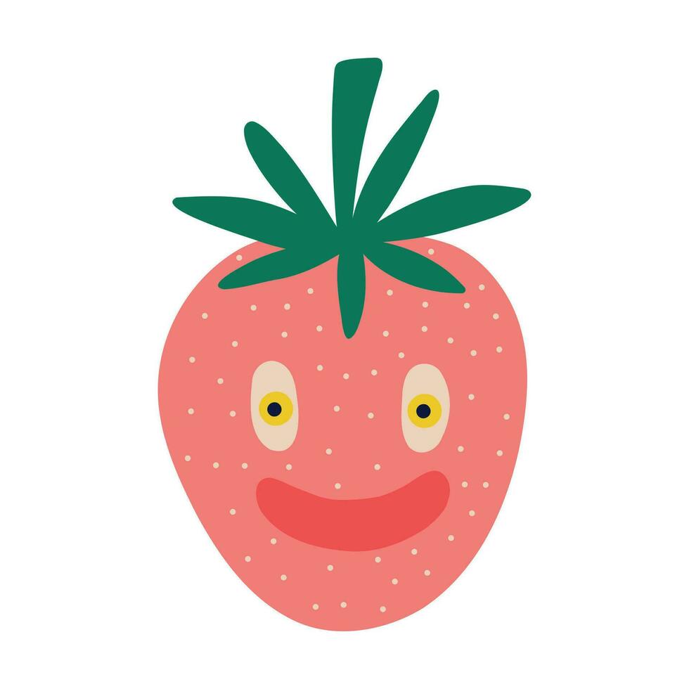 Funny quirky charming strawberry with awesome cool face. Baby berry character. vector