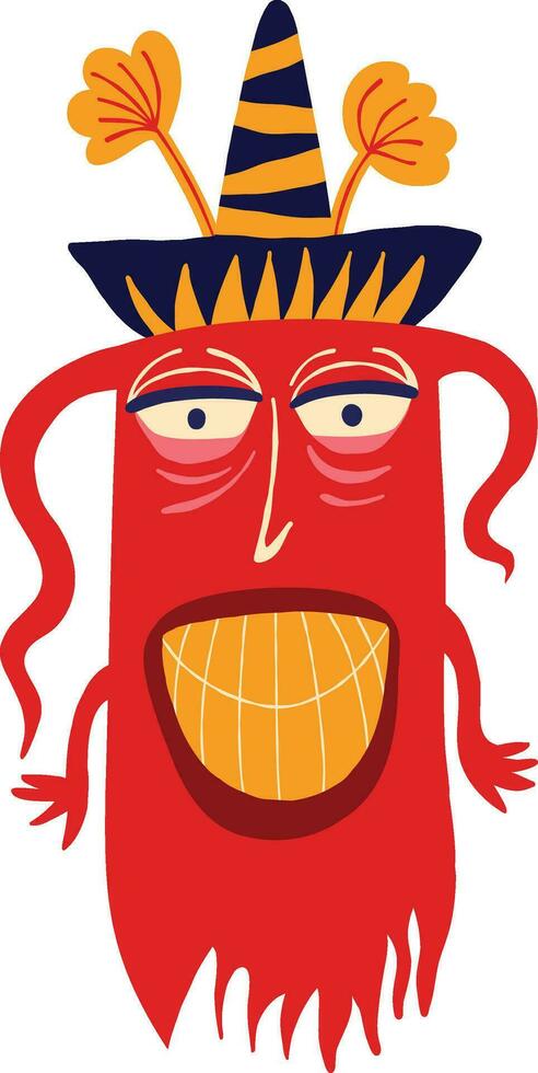 funny Mexican red demon in sombrero. Strange ugly Halloween character. Cute bizarre comic demon in modern flat hand drawn style vector